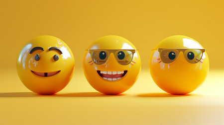 Three distinct yellow emoji faces with glasses showcase joyful expressions, set against a vibrant yellow surface.の素材