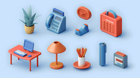 A collection of vibrant office tools including a plant, telephone, desk, lamp, and stationery components arranged attractively.の素材