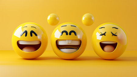Three vibrant yellow emoji faces showcase various expressions of happiness and amusement with a warm orange backdrop.の素材