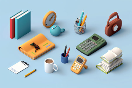 A collection of colorful stationery, books, and a cup of coffee arranged on a blue surface, creating an engaging study atmosphere.の素材