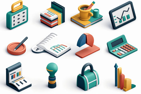 A collection of vibrant 3D office tools and stationery arranged thoughtfully, showcasing items like charts, a calculator, and a pen holder.の素材