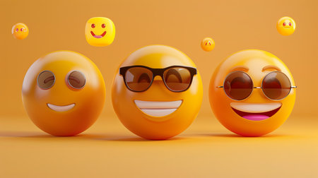 A trio of smiling emoji faces, all wearing sunglasses, adds a fun and vibrant touch to a sunny setting.の素材