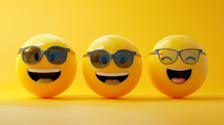 Three vibrant yellow emoji faces smile joyfully, wearing sunglasses and glasses, creating a fun and lighthearted vibe against yellow.の素材
