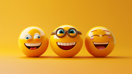 Three playful yellow smiley faces display a range of happy emotions, set on a vibrant orange backdrop.の素材