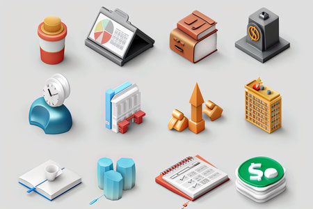 This vibrant assortment of office icons showcases essential tools for productivity, including charts, clocks, and financial symbols.の素材