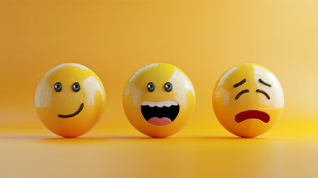 Three yellow spheres showcase different facial expressions, illustrating joy, excitement, and sadness in a bright yellow setting.の素材