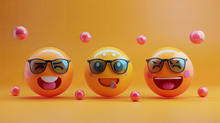 Three playful 3D emojis with sunglasses express various emotions amidst bouncing colorful balls in a bright setting.の素材
