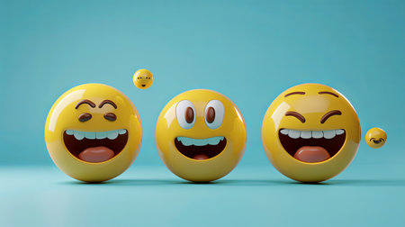 Three cheerful emoji faces showcase happiness and humor against a bright blue background, celebrating joy and positivity together.の素材