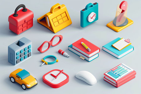 A variety of vibrant 3D objects related to office and study, including books, stationery, and tools, organized harmoniously on a light surface.の素材