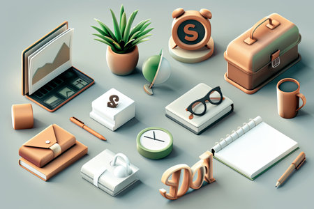 A well-organized workspace displays various stationery items, decorative plants, and time management tools arranged artistically for inspiration.の素材
