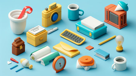 A variety of creative desk items are arranged on a light blue surface, showcasing tools that spark productivity and inspiration.の素材