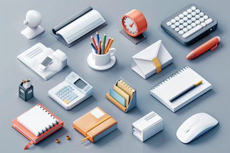 Various office supplies including notebooks, a calculator, and stationery are creatively arranged on a gray background.の素材