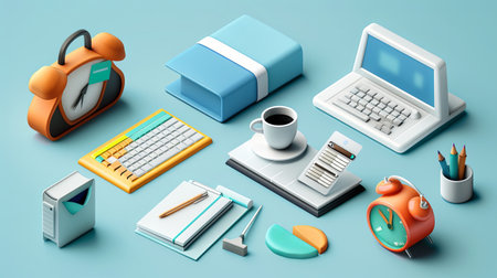 A vibrant workspace showcases a retro alarm clock, laptop, and assorted stationery items arranged thoughtfully on a light blue surface.の素材