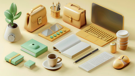 Colorful office accessories and a laptop create a stylish workspace ideal for productivity and creativity in a contemporary setting.の素材