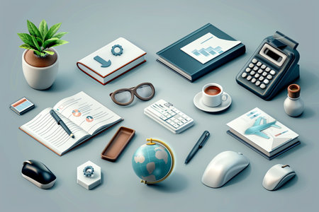 This workspace showcases a variety of office supplies, a globe, and a cup of coffee, reflecting a professional atmosphere.の素材