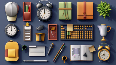 An organized flat lay of various office supplies, including clocks, a green plant, and stationery, arranged on a blue surface.の素材