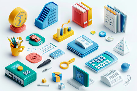 A variety of vibrant 3D office supplies including calculators, charts, and books are creatively arranged on a table, enhancing the workspace.の素材