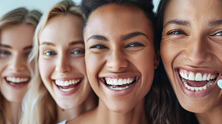 Four women of different backgrounds share smiles and laughter during a warm gathering, showcasing friendship and positivity.の素材