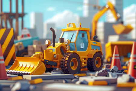 Heavy machinery is positioned amidst construction materials and safety cones at a bustling urban construction site during daylight.の素材