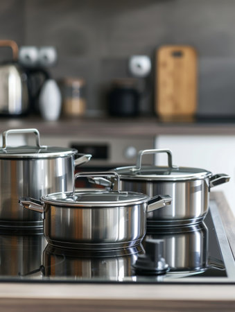 Stainless steel pots and pans rest on a polished cooking surface in a stylish, contemporary kitchen filled with natural light.の素材