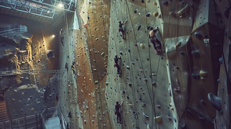 Groups of climbers tackle various rock walls in a bustling indoor climbing gym, showcasing skill and determination during the evening.の素材