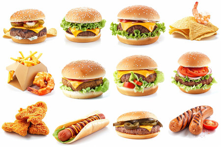 Various tasty fast food items are displayed including burgers, fries, shrimp, hot dogs, and chicken nuggets on a clean surface.の素材