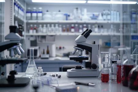 A well-equipped laboratory displays various microscopes, glassware, and scientific instruments used for research and experimentation.の素材