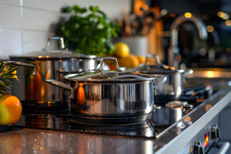 A set of stainless steel cookware is arranged on a sleek kitchen stove, complemented by fresh herbs and fruits nearby.の素材
