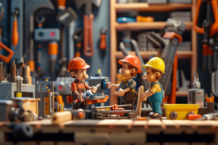 A repair team collaborates on a project, using various tools and materials in a well-equipped workshop filled with equipment.の素材