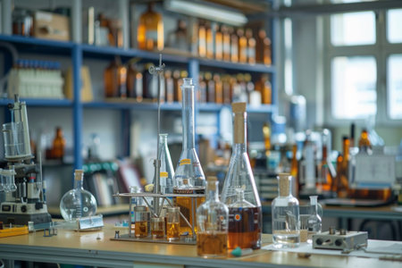 A researcher conducts experiments with various glassware and colorful liquids in a well-equipped laboratory filled with equipment.の素材
