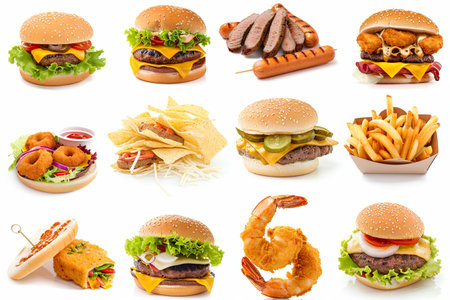This arrangement showcases an array of burgers, fried snacks, and crispy fries, enticing appetites for a casual meal.の素材