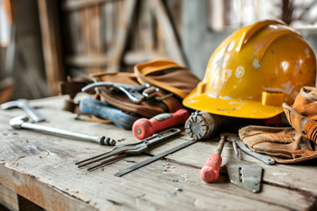 A repair team is actively working at a construction site surrounded by tools, safety gear, and materials on a wooden table.の素材
