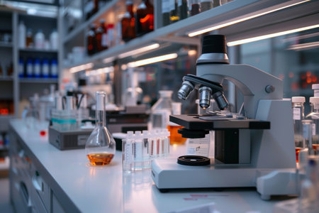 A well-equipped laboratory features a microscope, glass beakers, and organized equipment, reflecting a busy day of scientific research.の素材