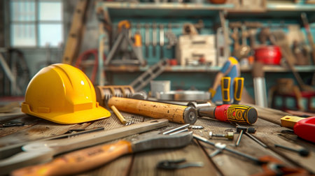 A repair team uses various tools and materials at a busy construction site filled with equipment and supplies.の素材