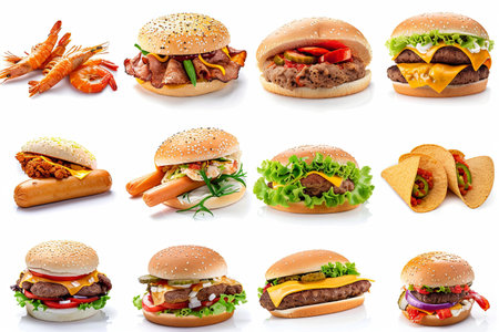 An appealing variety of burgers and seafood with vibrant colors showcases mouthwatering choices perfect for meal planning.の素材