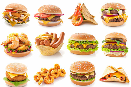 An enticing variety of burgers, seafood, and fries presents a feast for the eyes, inviting indulgence in delicious flavors.の素材