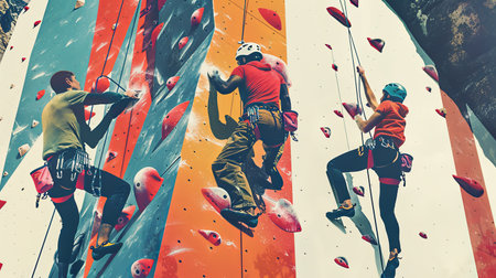Three individuals are engaged in a spirited climbing activity on a vibrant outdoor wall, showing their skills in bright sunlight.の素材