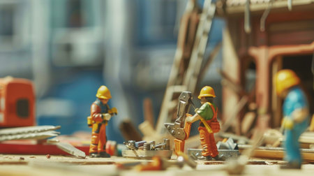 A team of workers is focused on repairing structures with various tools and materials at a construction site in a vibrant city area.の素材
