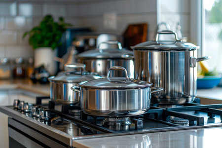 A well-organized kitchen features shiny stainless steel cookware arranged neatly on a gas stove, illuminated by natural light.の素材