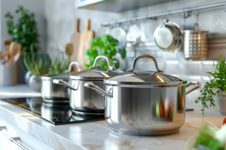 Three shiny pots sit on a modern countertop, surrounded by vibrant herbs and plants, creating a fresh and inviting cooking space.の素材
