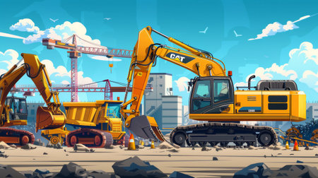 Heavy machinery operates at a construction site, showcasing excavators and cranes under a clear blue sky in a bustling urban environment.の素材
