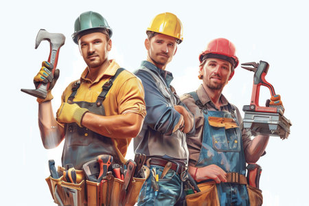 A dedicated repair team stands ready at a construction site, equipped with various tools and materials necessary for their work.の素材