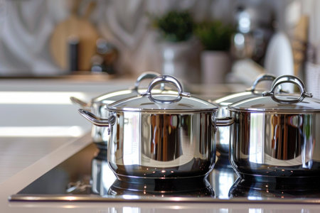 A group of glaming stainless steel cooking pots is placed on a sleek kitchen stovetop, awaiting use for cooking delicious meals.の素材