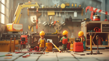 A team of repair workers is actively engaged with various tools and materials in a busy workshop, ensuring tasks are completed.の素材