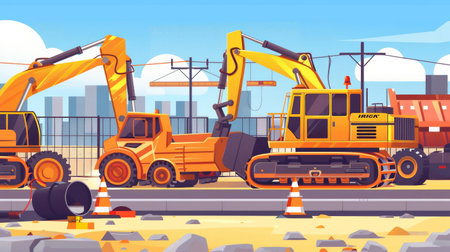 Excavators and trucks actively dig and transport materials at a large construction site amidst urban surroundings under a clear sky.の素材