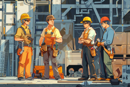 A group of four repair team members discusses a project while surrounded by tools and materials at a construction site.の素材