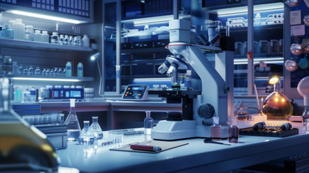 A well-equipped laboratory featuring a microscope, glassware, and various chemicals arranged on a table in a sleek, illuminated space.の素材