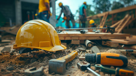 A repair team is engaged in work at a construction site, surrounded by tools and materials during the afternoon.の素材
