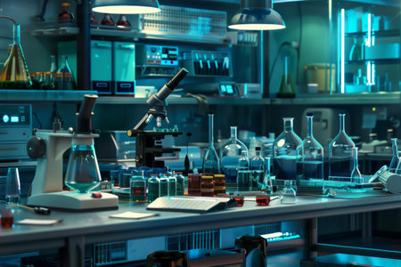 A well-equipped laboratory features scientific instruments, glassware filled with solutions, and a microscope under artificial lighting.の素材