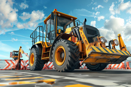 A large construction vehicle is actively operating at a construction site, surrounded by road safety barriers and a clear sky.の素材